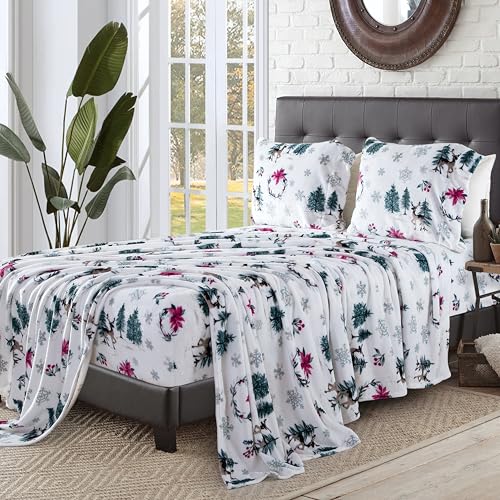 Elegant Comfort Luxuriously Soft 4-Piece Holiday Velvet Plush Flannel Sheet Set - Premium Quality - Cozy Warm, Christmas Fuzzy Velvet Flannel Fleece Deep Pocket Sheet Set - King, Christmas Wreath