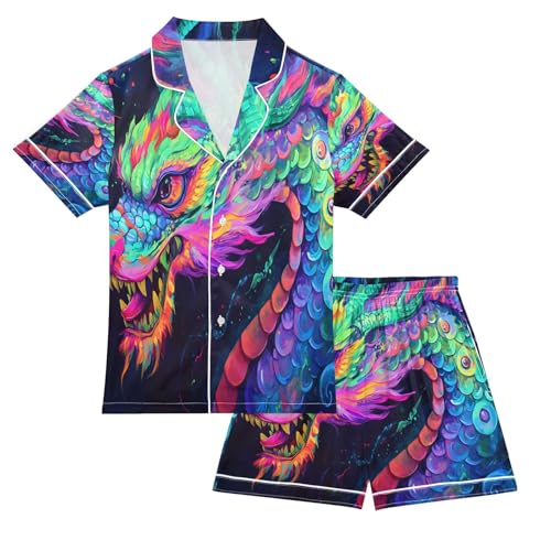 ALAZA Colorful Dragon Black Satin Pajamas Set Short Sleeve Button Down Sleepwear Summer Pjs 2 Piece