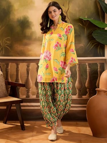 Image of EthnicJunction Women's Linen Floral Print Summer Wear Straight Short Kurti with Afghani Pant Set | Co Ord Set for Women Stylish | Fusion wear Women