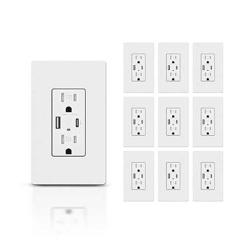 TOPELER Cargador USB de pared, enchufe dúplex de 15 amperios resistente a manipulaciones con puertos USB tipo A y C, placa de pared incluida,