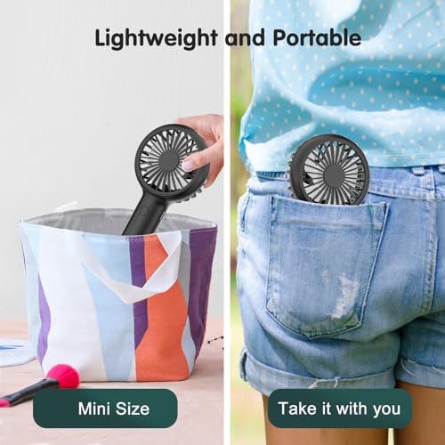 Handheld Mini Portable Fan, USB Desk Fan with Base as a Phone Holder, 3 Speeds Battery Operated Fans with RGB Color Light, Personal Fan for Kids, Women, Indoor, Outdoor Party(Black)