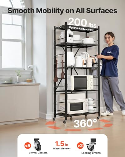 Image of VEVOR 5-Tier Foldable Storage Shelf, 28W x 15D x 64H Inch Folding Metal Rack Shelving Unit, No Assembly Organizer Shelf with 5 Wheels & 4 Hooks for Pantry, Kitchen, Garage, Basement, Black