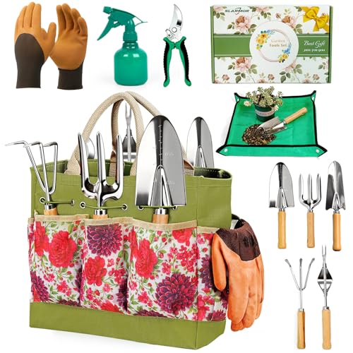 SLARMOR Kit de Jardinage Robuste 10 pièces en Acier Inoxydable avec sécateur Gants et Sac de Rangement idéal pour Femmes et Hommes Un Cadeau Parfait pour Les...