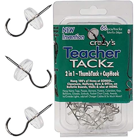 Teacher TACKz 66 Tacks - School Supplies for Teacher's Class Room - 2 in 1 Push pin Hook tack - Banners, Signs, Word Wall Name Letter Fact Family Flash Matching Number Pocket Spelling & Word Cards Cover