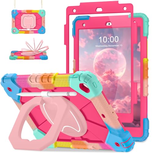 Image of Auizotl Case for iPad 9th /8th /7th Generation 10.2 Inch iPad Case 9th Generation with Screen Protector /Rotate Stand /Pen Holder, Heavy Duty Shockproof i Pad 9th /8th /7th Cases,Colorful Pink