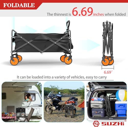 Image of SUZHI Small Foldable Wagon & Shopping carts with Wheels for Groceries, Black Wagon Carts Foldable, Apartment,Garden&Grocery Wagon, Collapsible Wagon Lightweight (2 Colors Optional)