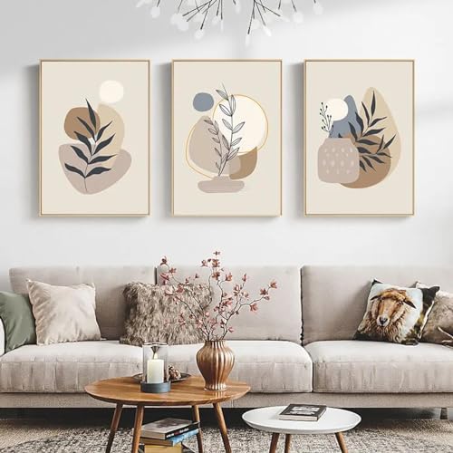 Peinture abstraite lune beige pour habiller un mur de salon moderne ensemble de 3 toiles encadrées