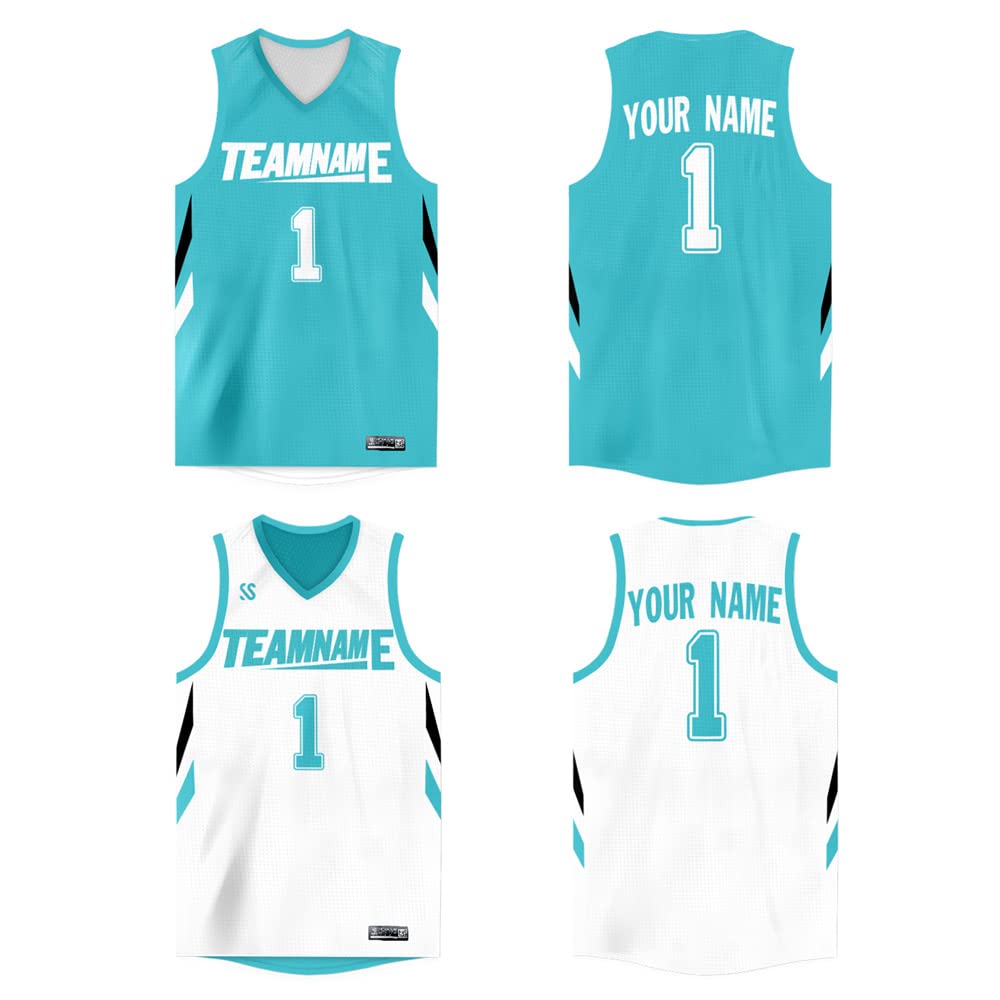 Custom Reversible Basketball Jersey Mesh Performance Uniform Personalized Printed Name Number for Men/Boy Teal-white-07