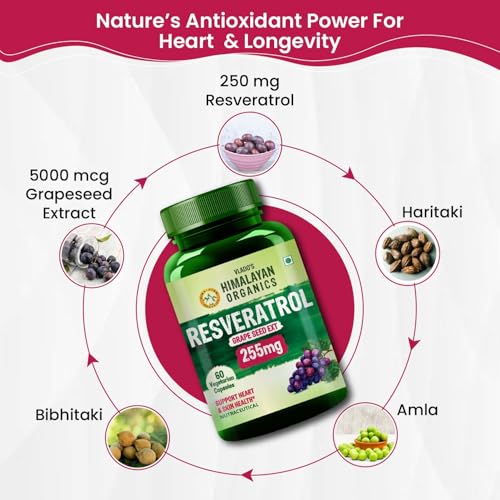 Image of Vlado's Himalayan Organics Resveratrol 255mg with Grape Seed Extract Supplement | Support Heart And Skin Health | Stop Aging | Powerful Anti-oxidant | Anti Aging Supplement for Youthful Skin I Pharma Grade Resveratrol Supplements for Max Absorption - 60 Veg Capsules