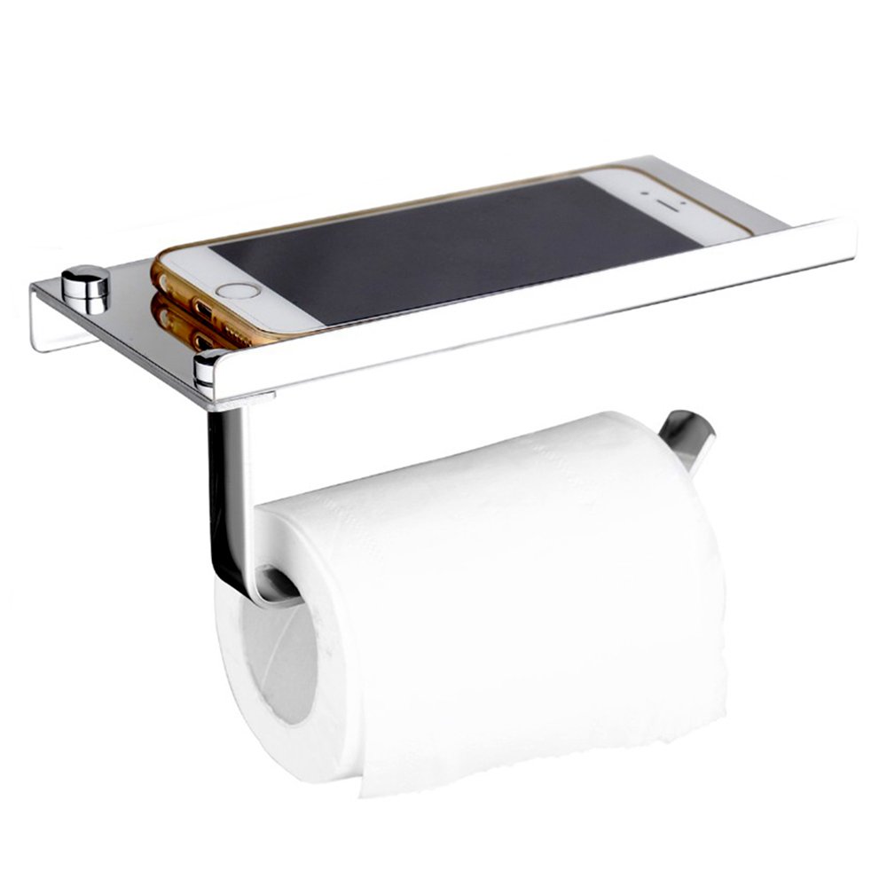 Stainless Steel Toilet Paper Holder With Shelf - Matte Black, Phone Tray, Easy Install (Adhesive Or Screws)