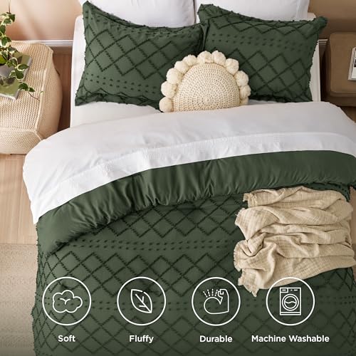 Image of Bedsure Twin XL Comforter Set - Olive Green Comforter, Boho Tufted Distressed Vintage Bedding for Kids, 2 Pieces Farmhouse-Style Bed Set for All Seasons, Fluffy Soft Bedding with 1 Pillow Sham