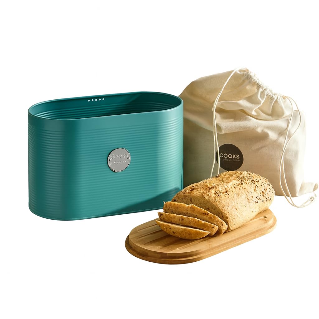 Cooks Professional Bread Bin - Teal/Silver - Bamboo Lid