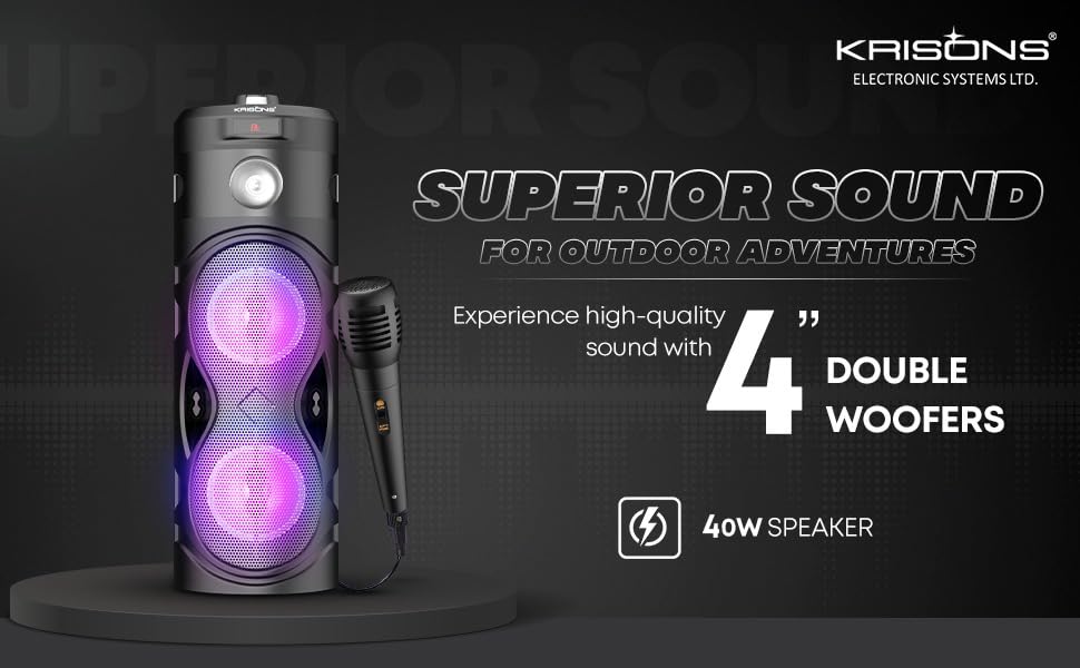 Image of Krisons Cylender 111 50W Portable Speaker with 4 inch Double Woofers, Free Wired Mic for Karaoke, in Built Torch, Remote Control with Bluetooth, FM, USB, Micro SD Card Connectivity (Black)