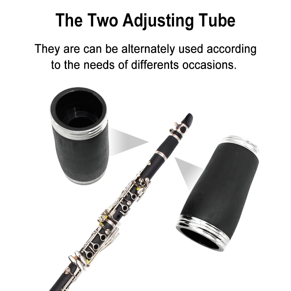 Clarinette en si bémol pour étudiant en bois d'ébonite si bémol 17 touches nickelé pour débutant avec 2 barils avec chiffon de nettoyage gants Noir Orchestre Instrument de musique