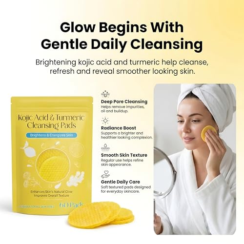 Image of Kojic Acid and Turmeric Cleansing Pads for Face - Foaming Exfoliating Pads with Vitamin C, Vitamin B5 & Chamomile - 60 pc Dark Spot Removal, Skin Brightening & Deep Pore Cleansing Pad (Pack of 1)