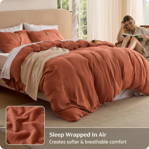 Image of Bedsure 100% Muslin Cotton Duvet Cover King Size - Ultra-Soft Gauze Duvet Cover, PureWoven Breathable & Lightweight Bedding Set with Button Closure and Corner Ties (Terracotta, King, 104 inchx90 inch)