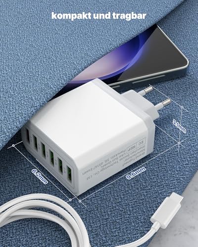 USB Ladegerät, 6-Ports Ladeadapter 33W Adapter Ladestecker mit QC 3.0 Schnellladegerät Mehrfach, USB Stecker Netzteil für iPhone 16 15 14 13 12 11 Pro Max, iPad, Handy Steckdose Charger Netzstecker