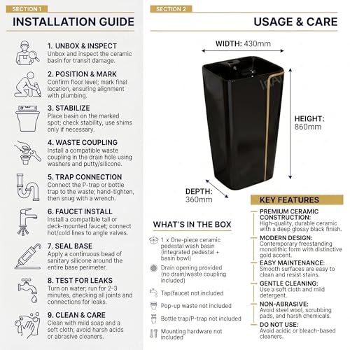 Image of InArt One Piece Ceramic Pedestal Free Standing Round Wash Basin for Living Room and Bathroom (17 x 14 x 34 Inch, Black Matt)