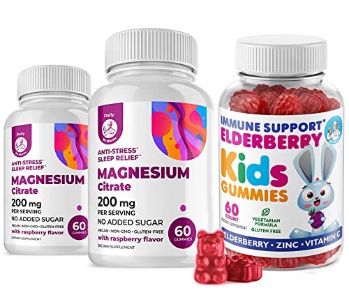 Elderberry Gummies For Kids And Magnesium 200 Mg Gummies Sugar-Free - Natural Immune System Booster And Health Support With Elderberries Extract With Magnesium Calm Chews For Kids & Adults Sugar-Free #TOP12