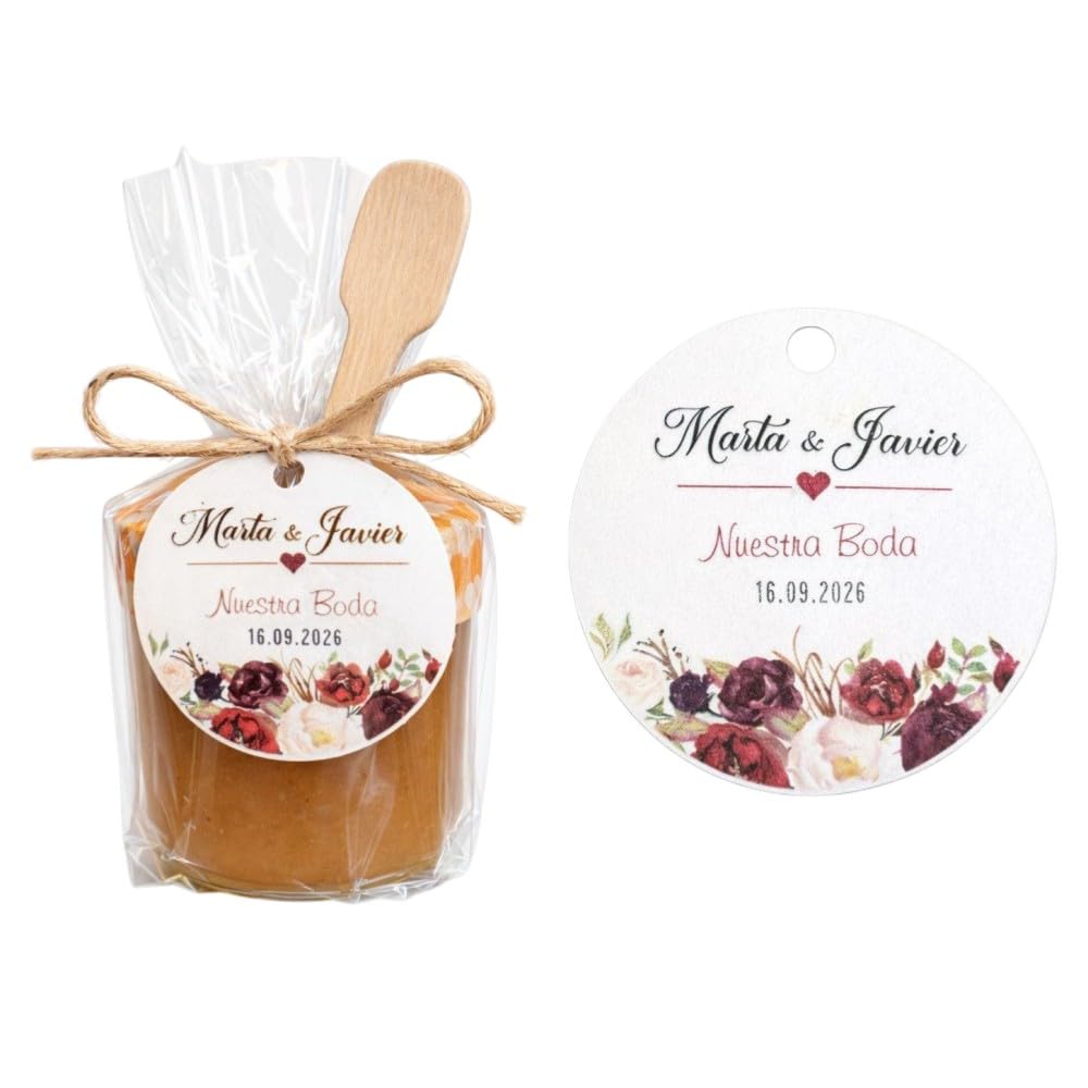 Mini Mermeladas Caseras Personalizadas - Pack 20 Unidades - Detalles para Bodas, Comuniones y Bautizos - 40g, Sabores Surtidos - Sin Gluten - con Cucharita - Producto de España