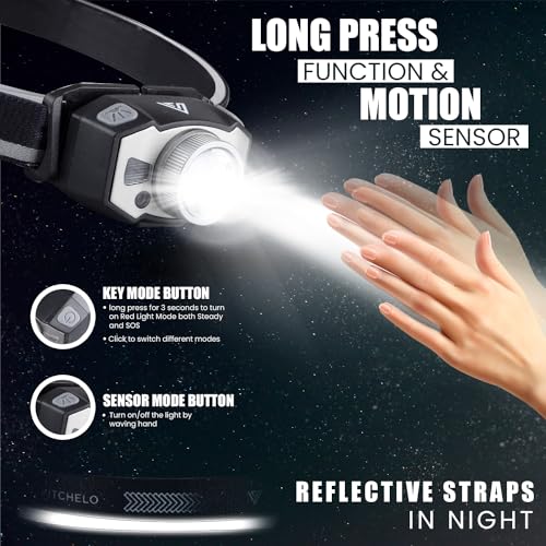 Vitchelo-Head-Lamp-LED-Rechargeable-Super-Bright-2500-Lumens-IPX4-Waterproof-5-Modes-Zoomable-Headlamp-Flashlight-for-Adults-Kids-with-Motion-Sensor-for-Outdoor-Camping-Running-Cycling-Pack-of-1