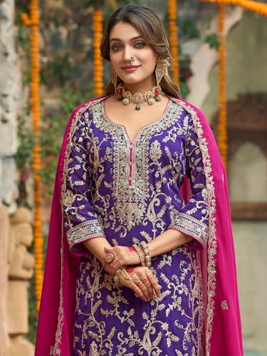 Image of INDO ERA Women's Silk Blend Embroidered Straight Kurta & Pant With Dupatta Set (IEOUT10592)