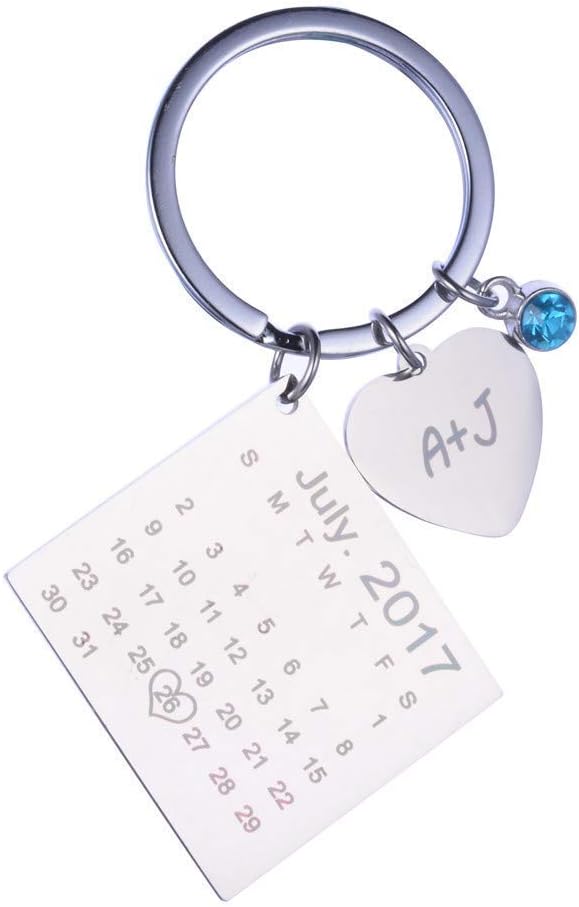 MainbeadEngraving Custom Date Calendar Keychain Custom Date Pendant Key Ring for Lovers Couples Valentine's Day Birthday Anniversary Special Day Gift (with Birthstone)