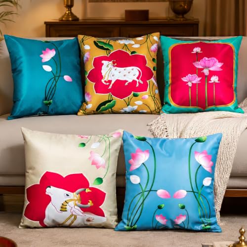 Image of Decorative Satin Sofa Cushion Covers Set of 5, 18 Inch x 18 inch, Sofa Pillow Cover, Ethnic Festive Cow Pichwai, Multicolor, Rajasthani Design, Zipper Closure (Lotus Cow, 18x18 Inches)
