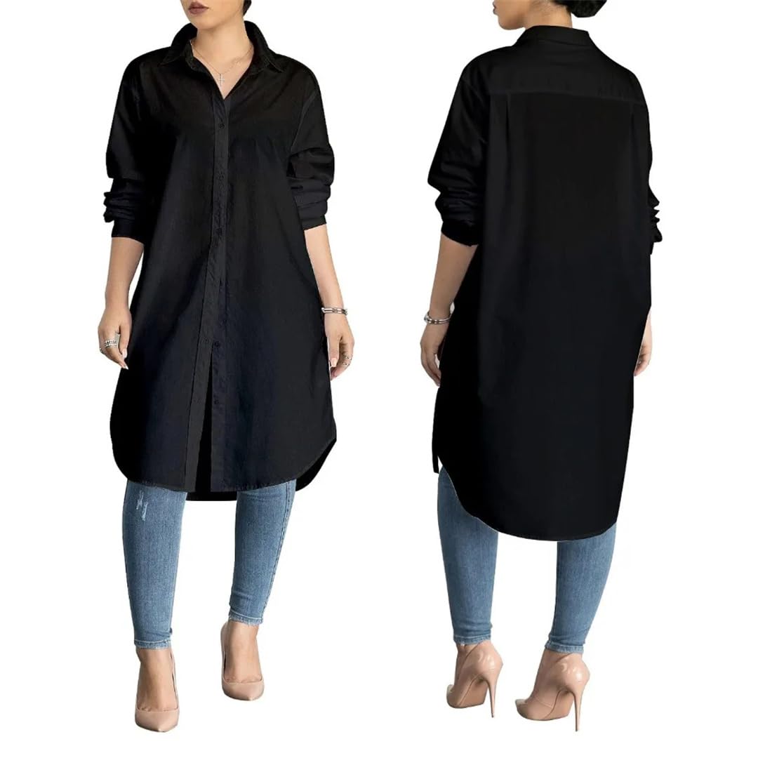 Camicetta lunga da donna con colletto rovesciato, alla moda, casual