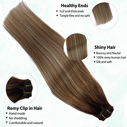 Image of Clip in Hair Extensions Human Hair 70g 7pcs Balayage Walnut Brown to Ash Brown and Medium Blonde Remy Human Hair Extensions 12 Inch Straight Seamless Clip ins Hair Extensions Real Human Hair