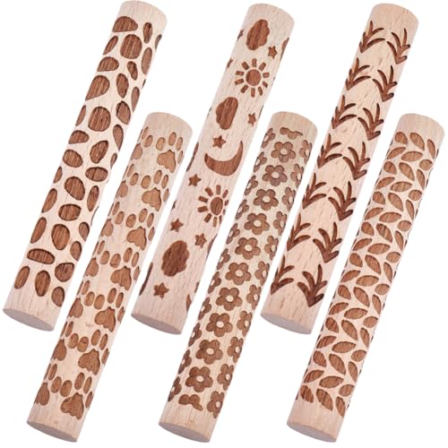 CREATCABIN Rouleau à Texturer L'Argile Bois 6 pièce pour Modelage Pochoirs Autres Créations Outil Idéal pour Potiers Rouleau Pâtisserie Texturé pour Plaques Céramique Glaçure Peinture 10x1.5cm