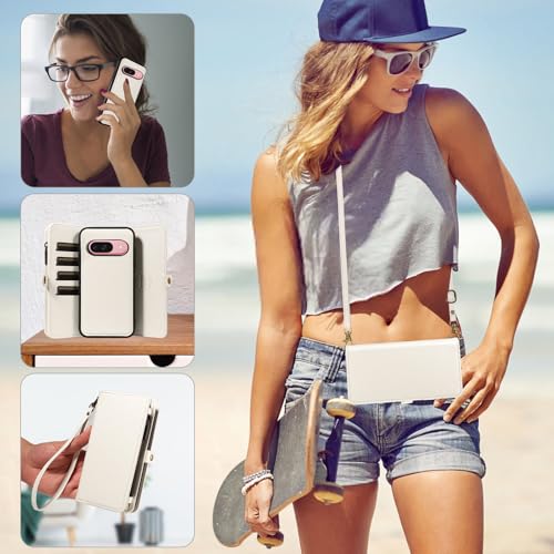Coque Google Pixel 9/9 Pro 5G portefeuille en cuir blanc avec cordon porte-carte étui - 5