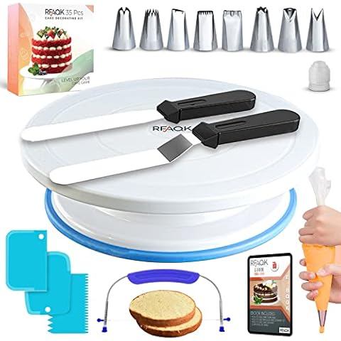 Cake Turntable and Leveler-Rotating Cake Stand with Non Slip Pad-7 Icing Tips and 20 Bags- Straight & Offset Spatula-3 Scraper Set -E Book-Cake Decorating Kit -Baking Tools & Accessories Cover