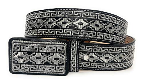 Men's Western Silver Embroidered Cowboy Rodeo Belt, Cinto Charro Bordado Cinto Vaquero Plateado (42, Black)