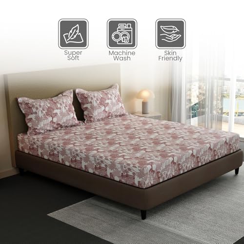 Image of Layers 100% Cotton Bedsheet for King Size Bed | Lumina Floret Collection | 144 TC Soft & Breathable | Printed with 2 Pillow Covers | Wrinkle Free & Colorfast | 3 Piece Bedding Set - Brown