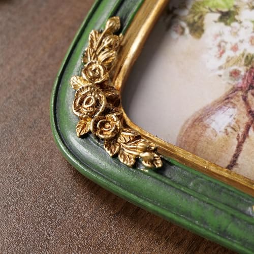 Vintage 5x7 Picture Frame, Ornate Gold Green Arch Frames Resin Photo Frame with Glass Front for Tabletop or Wall Display, Antique Decorative Frame for Home Decor or Gift