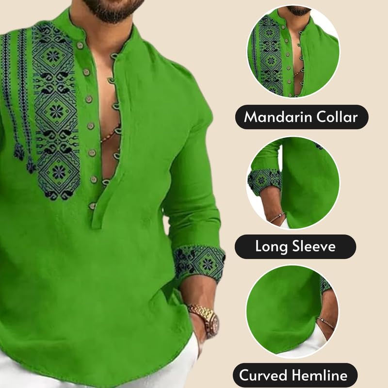 Image of DEELMO Men's Cotton Blend Mandarin Collar Self One Design Full Sleeve Casual Short Kurta Green-New