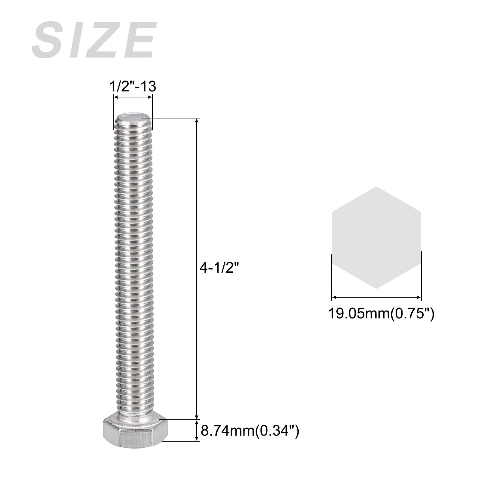 METALLIXITY Hex Head Bolts (1/2-13 x 4-1/2") 2Pcs, 304 Stainless Steel 18-8, Fully Threaded, External Hex Drive, Plain Finish - Image 2