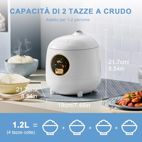 Bear Cuociriso 2-cup uncooked, 1.2L Rice cooker piccolo con rivestimento antiaderente, senza BPA, Mini rice cooker portatile, un pulsante per cucinare e tenere in caldo, bianco - immagine 5