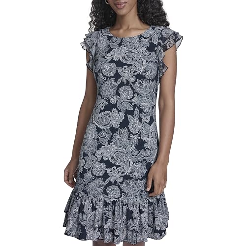 Image of Tommy Hilfiger Women's Sleeveless Crew Neck Double Ruffle Hem Jersey Shift Mini Dress