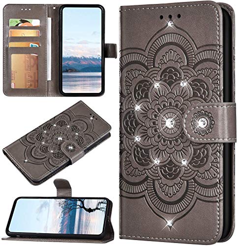 Robinsoni Case Compatible with Nokia 7.2 Shiny Case Sparkle Glitter PU Leather Wallet Cover Lavish Bling Diamond Embossed Mandala Printed Book Case Folio Flip Kickstand Glossy Magnetic Case Grey