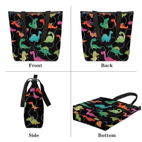 Colorful Cartoon Dinosaurs Canvas Tote Bag Portable Shopping Bags Reusable Shoulder Tote Bag with Zipper for Travel Shopping Campaign Gym3
