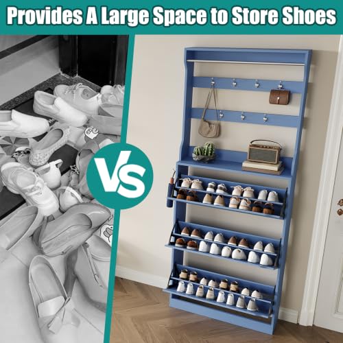 Image of Shoe Cabinet for Entryway with 3 Flip Drawers, Blue Tall Shoe Storage Cabinet with Coat Rack, Wood Narrow Slim Hidden Freestanding Shoe Rack Organizer, 2 in 1 Hall Tree for Living Room, Hallway