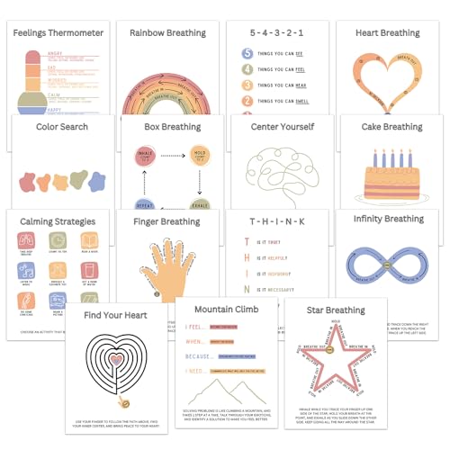 15Pcs Mindfulness Breathing Exercise Poster Classroom Breathing Poster Calm Down Corner Supplies Classroom Calming Decorations Feeling Chart for Kids Educational Learning to Calm Sticker for Classroom