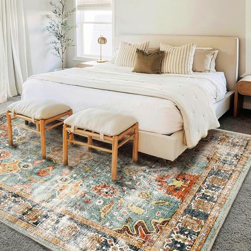 Area Rug 10'x14' Washable Vintage Traditional Mat Distressed Indoor Foldable Thin Retro Accent Floral Print Non Slip Carpet for Living Room Dining Room Office