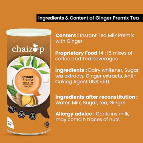 Image of Chaizup Premium 1 Min Instant Ginger Tea Premix - 1kg Can | Ginger Flavours | Approx. 72 Servings | 1kg