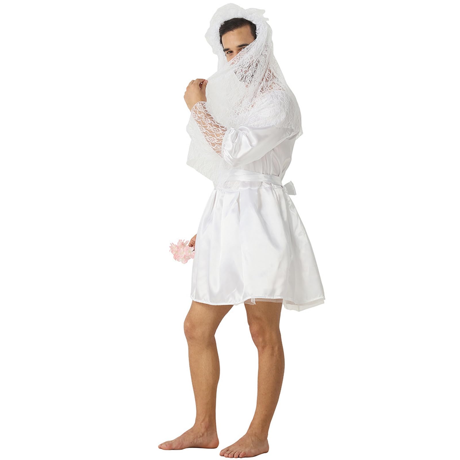 Funny Wedding Dress Men Bride Costume, Graveyard Bridal Cosplay, Deluxe Lace Mens Wedding Dress with Gloves, Stag Do Fancy Dress Night Party Outfit, Halloween Costume Change Party, One Size White