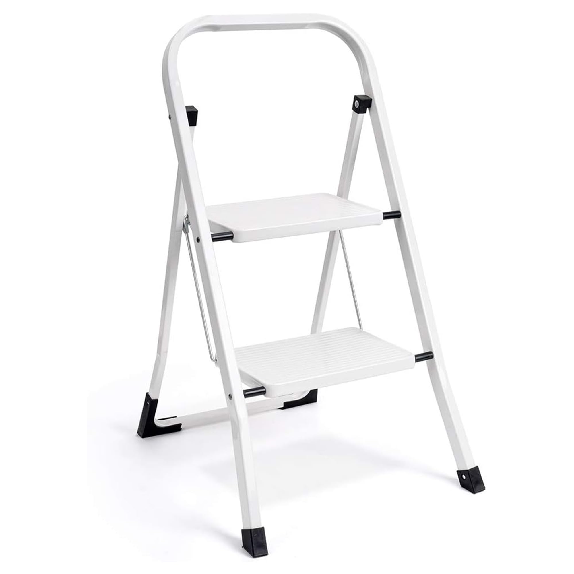 Delxo White 2 Step Ladder Folding Step Stool for Adults with Handgrip Anti-Slip Wide Pedal,Heavy-Duty Sturdy Safe Small Step Stool Ladder for Kitchen or Closet Portable Lightweight 2-feet Step Ladder