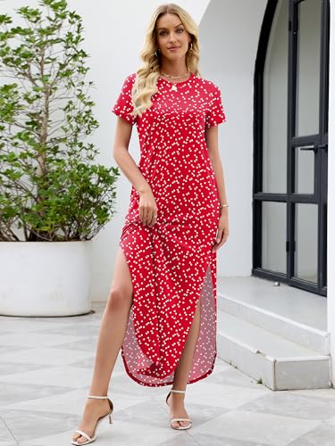Image of Heymoments Womens Summer Maxi Dress Short Sleeve Casual Loose Long T Shirt Split Vacation Beach Sundress with Pockets