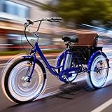 Electric Tricycle for Adults 24'' Tricycle with Rear Basket for Women E Trike 36V 13Ah Lithium Batteries Multi-functional rear seat basket Maximum Load 450 lbs (blue)